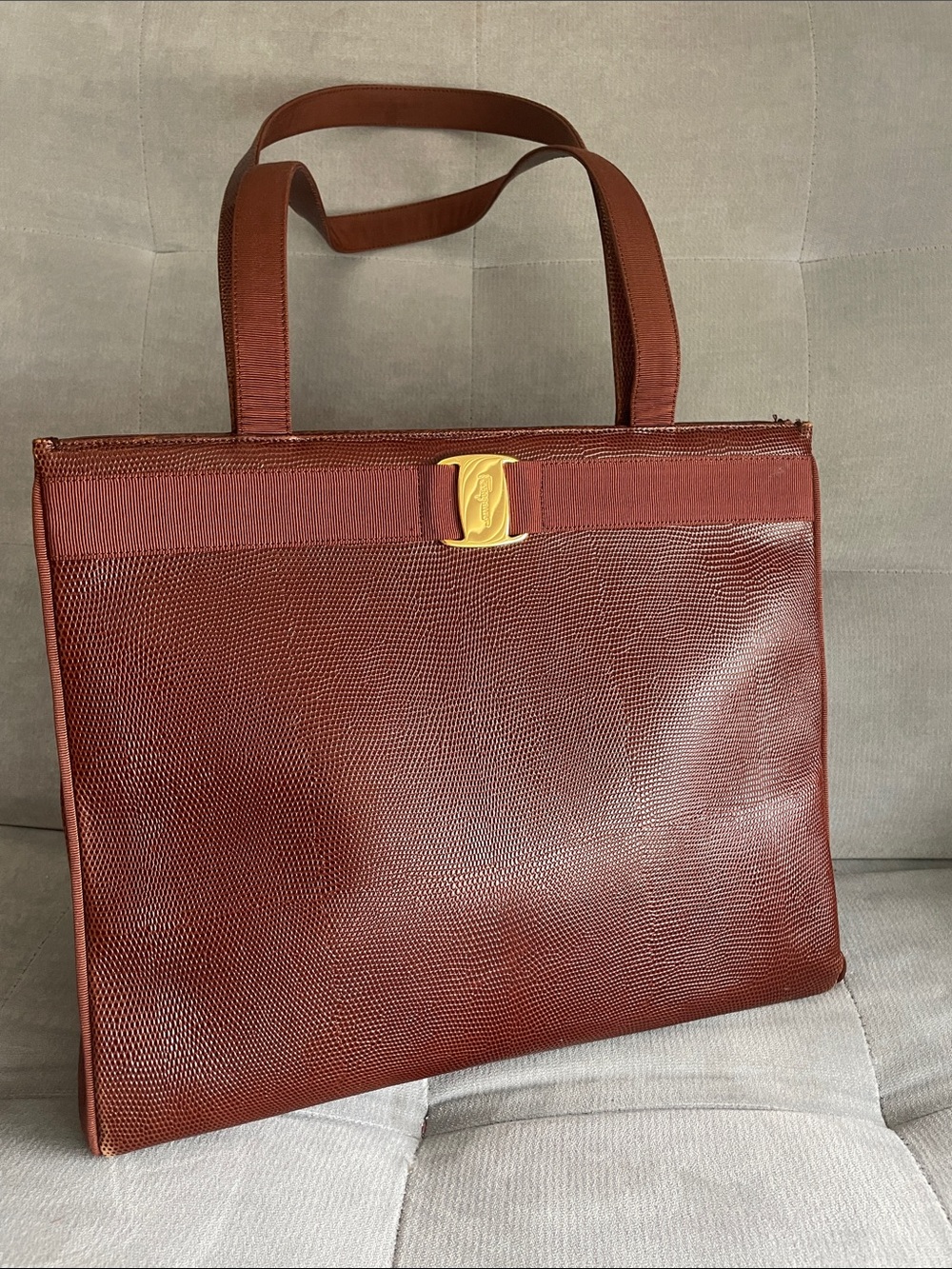 Salvatore Ferragamo Brown Lizard-Texture Tote with Gold Logo Buckle